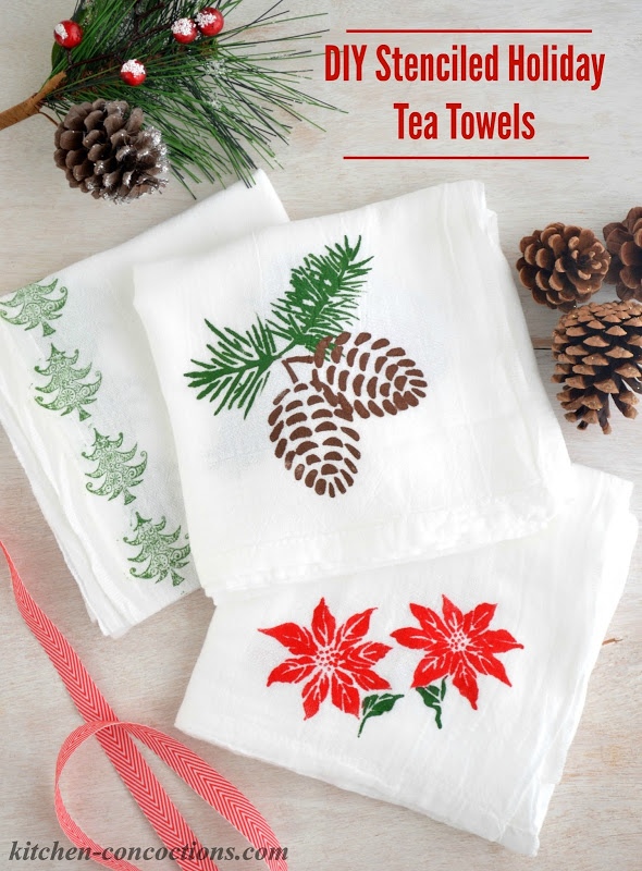 DIY Stenciled Holiday Tea Towels and Holiday Tea Gift Baskets Kitchen